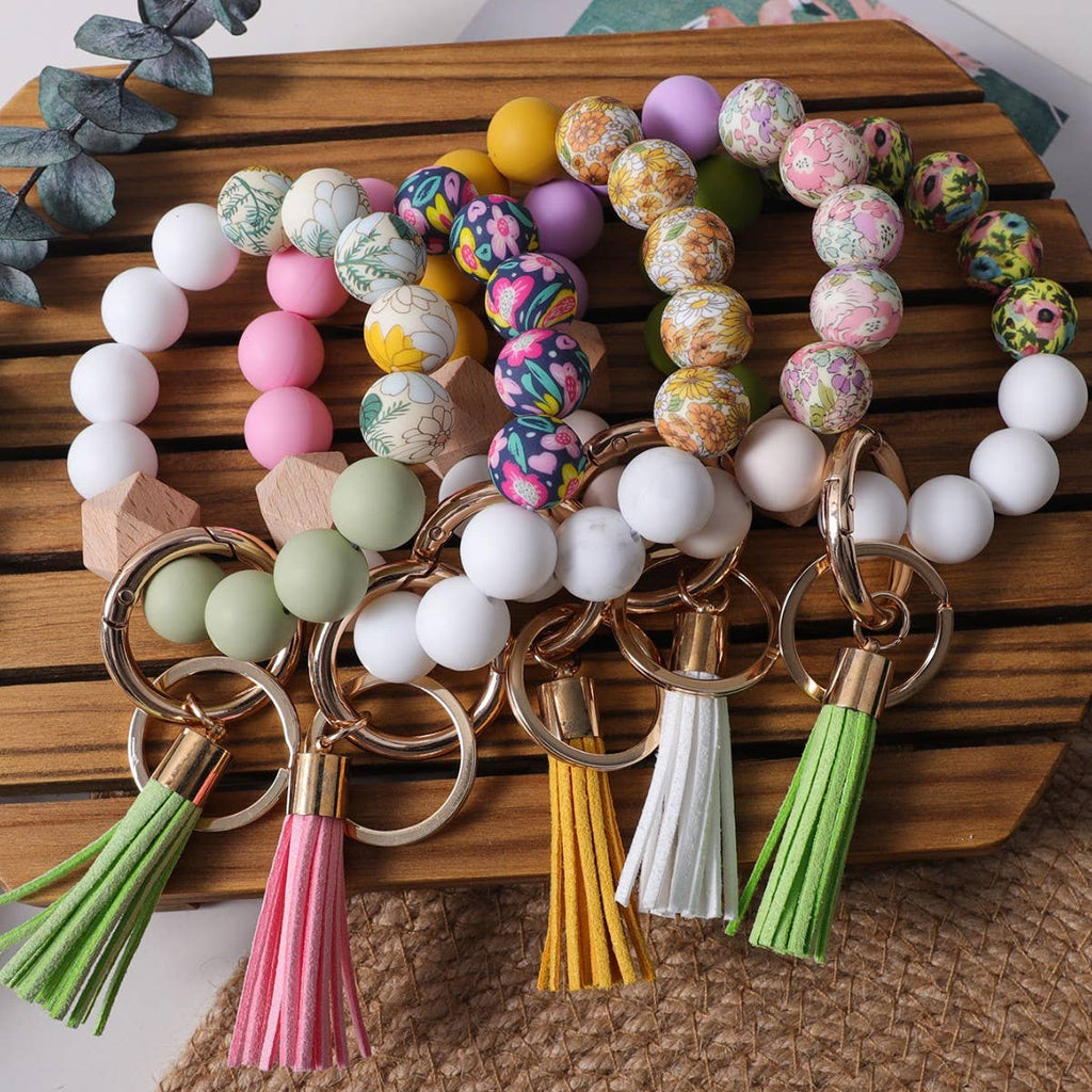 Floral Bead Bangle Keychain With Tassel