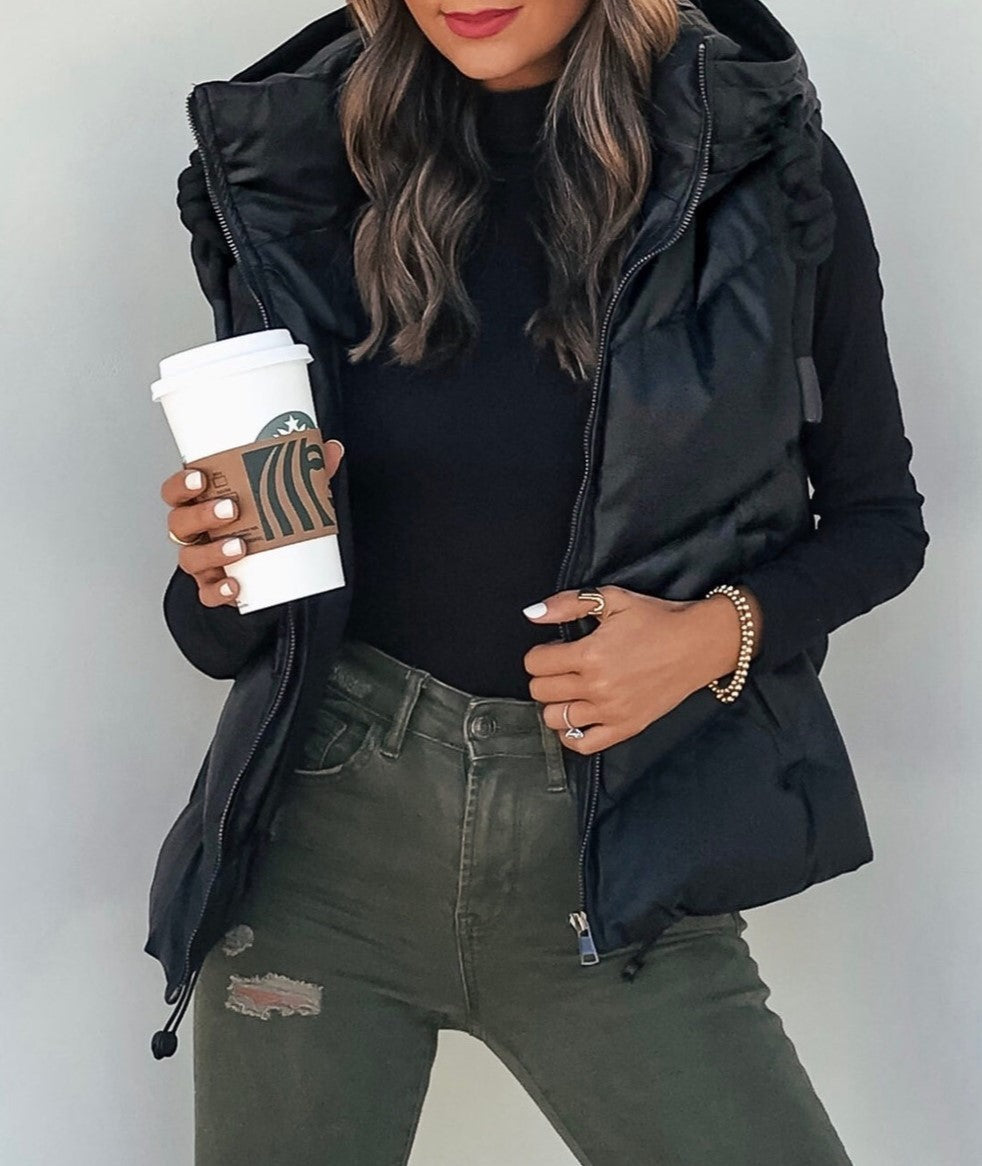 Cropped Hooded Puffer Vest With Pockets - Black