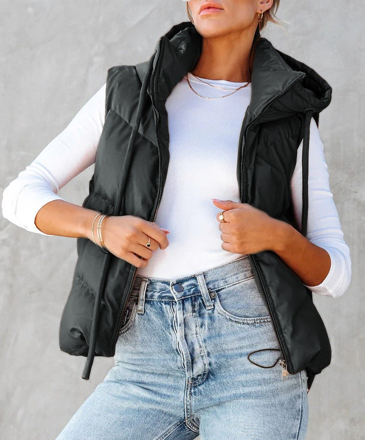 Cropped Hooded Puffer Vest With Pockets - Black - 1