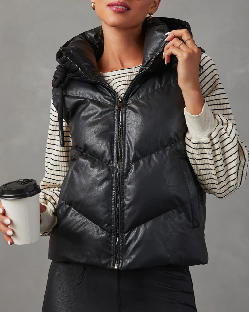 Cropped Hooded Puffer Vest With Pockets - Black - 2