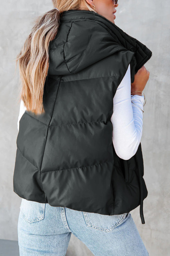 Cropped Hooded Puffer Vest With Pockets - Black - 4