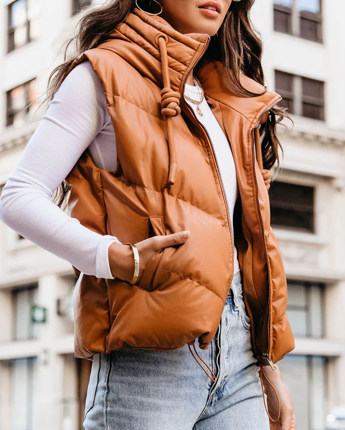 Cropped Hooded Puffer Vest With Pockets - Camel