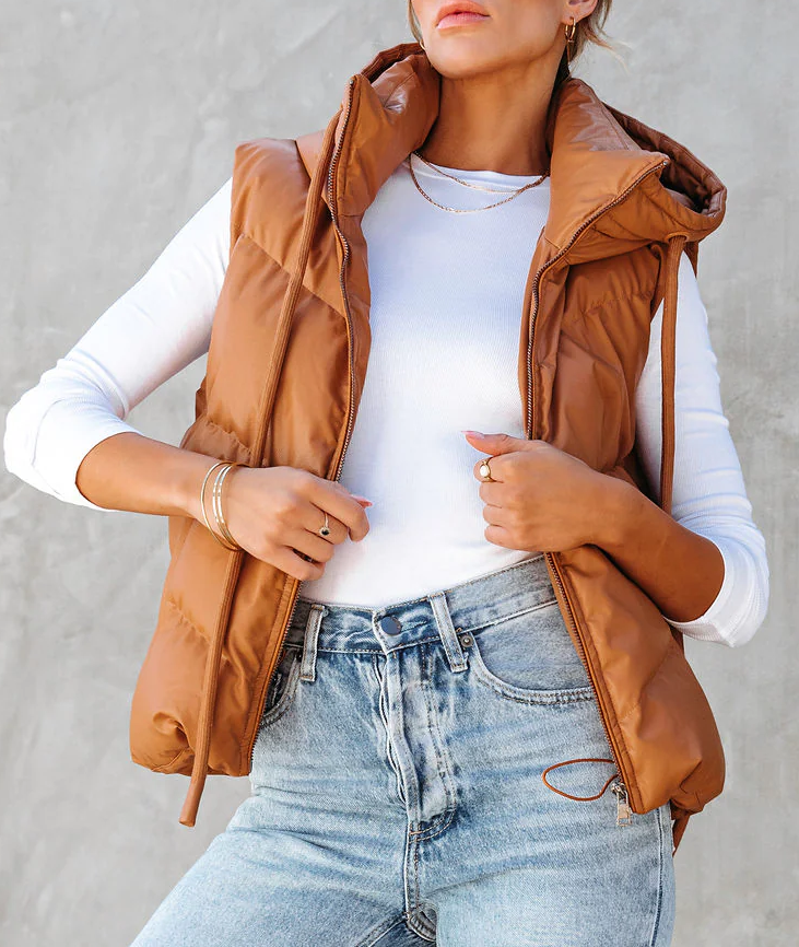 Cropped Hooded Puffer Vest With Pockets - Camel - 1