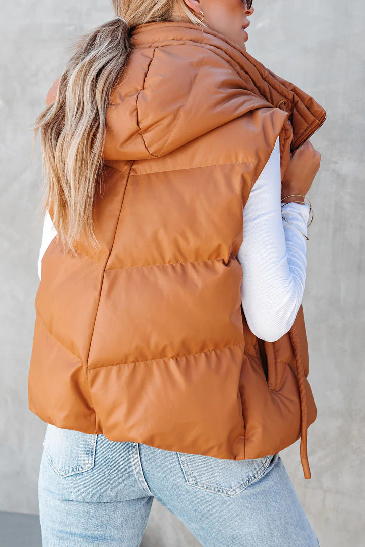 Cropped Hooded Puffer Vest With Pockets - Camel - 2