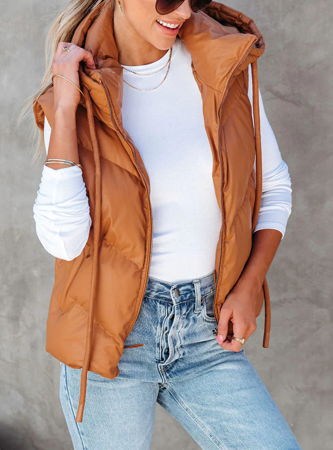 Cropped Hooded Puffer Vest With Pockets - Camel - 3