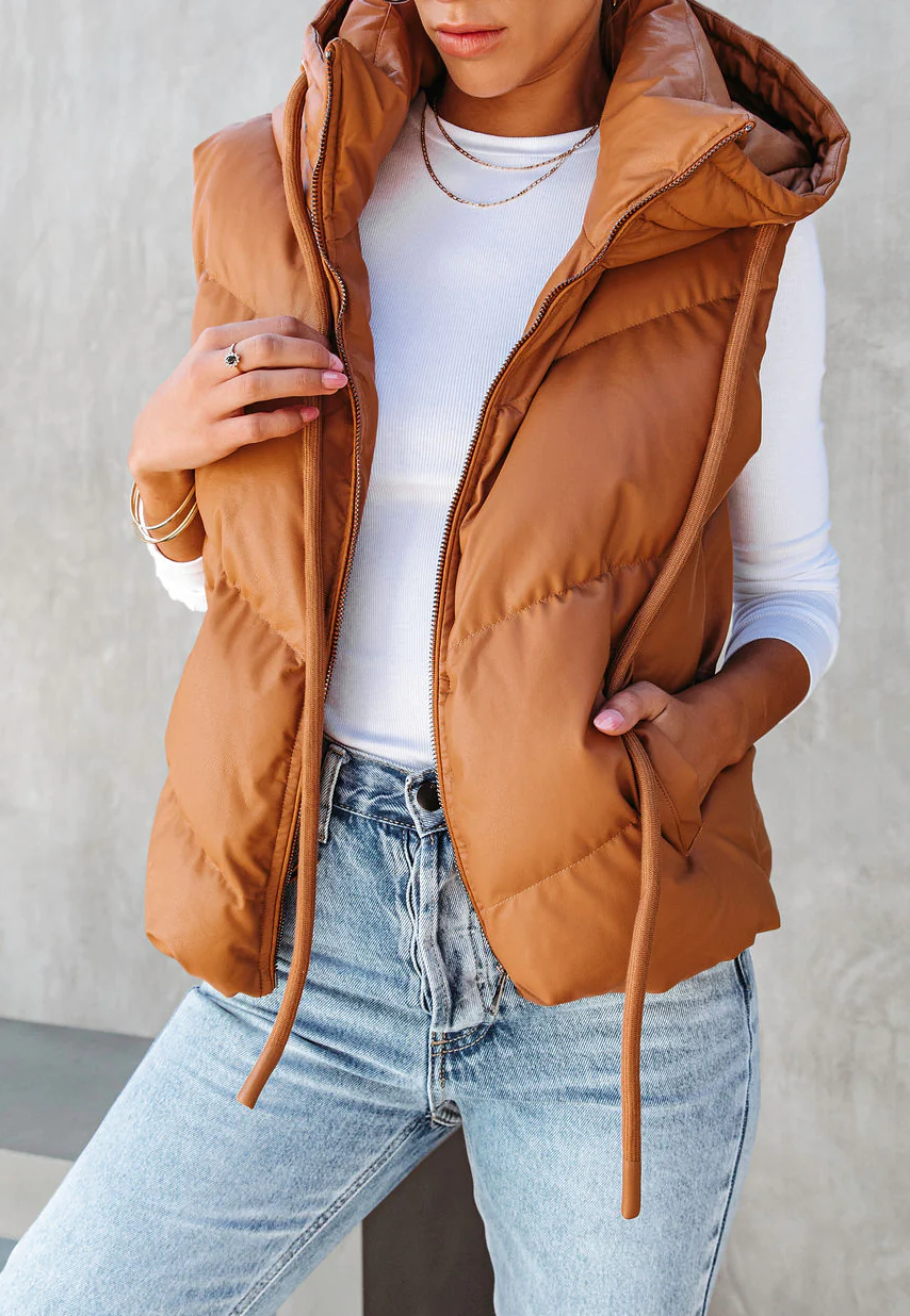 Cropped Hooded Puffer Vest With Pockets - Camel - 4
