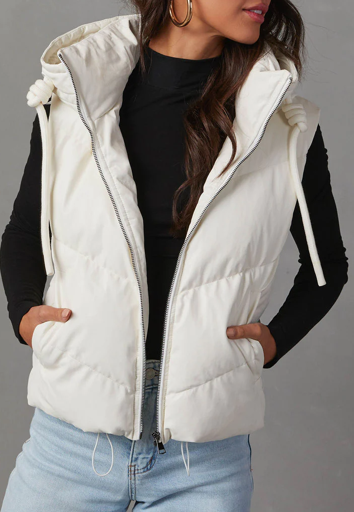 Cropped Hooded Puffer Vest With Pockets - White
