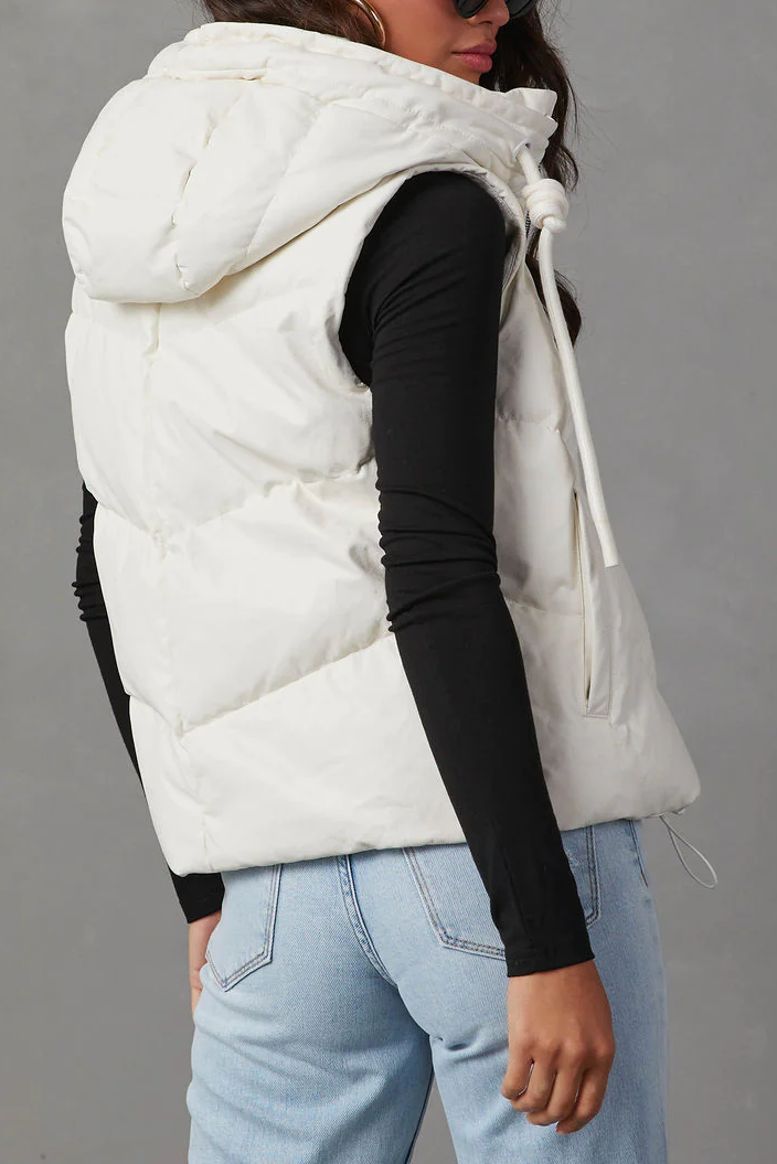 Cropped Hooded Puffer Vest With Pockets - White - 1