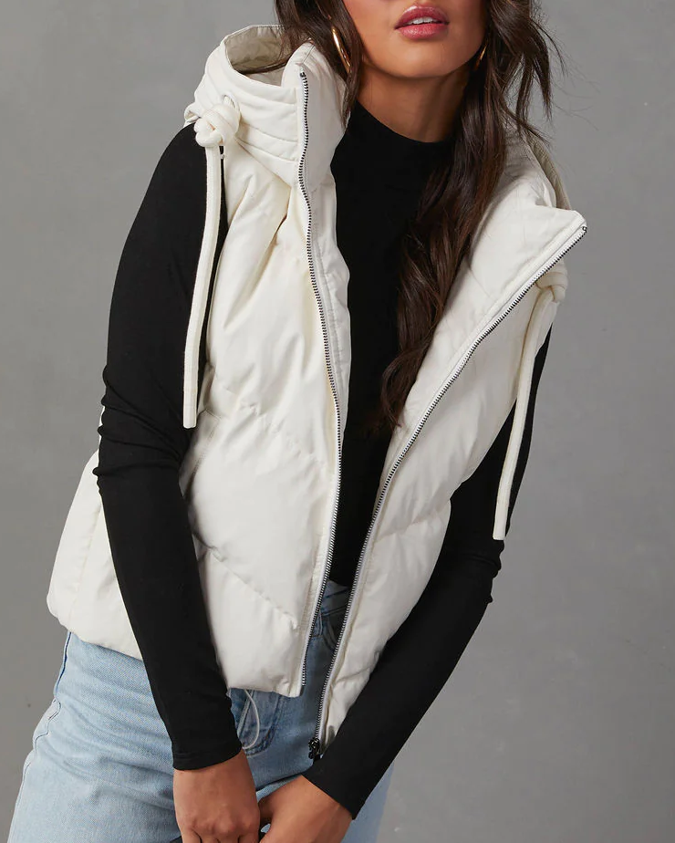 Cropped Hooded Puffer Vest With Pockets - White - 2