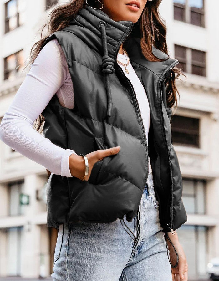 Cropped Hooded Puffer Vest With Pockets