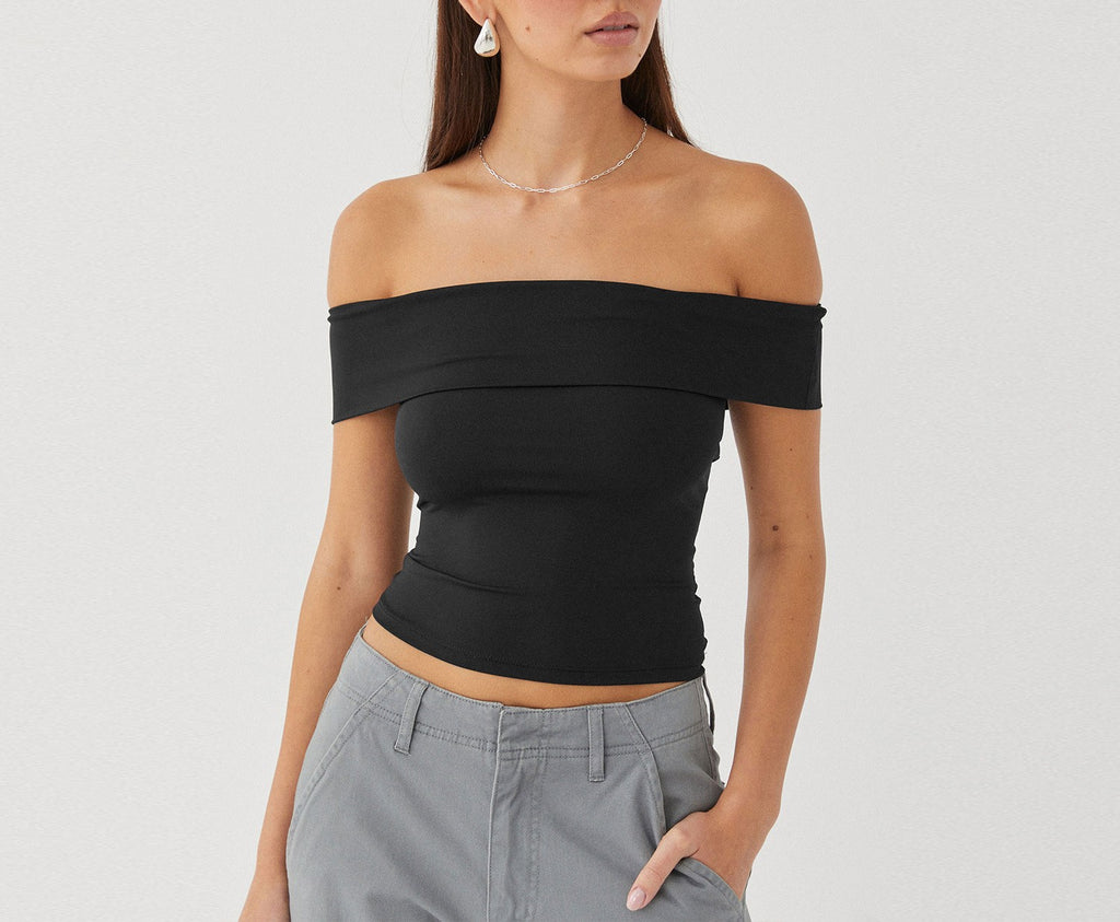 Fold Over Bardot Neckline Slim Top - Black
