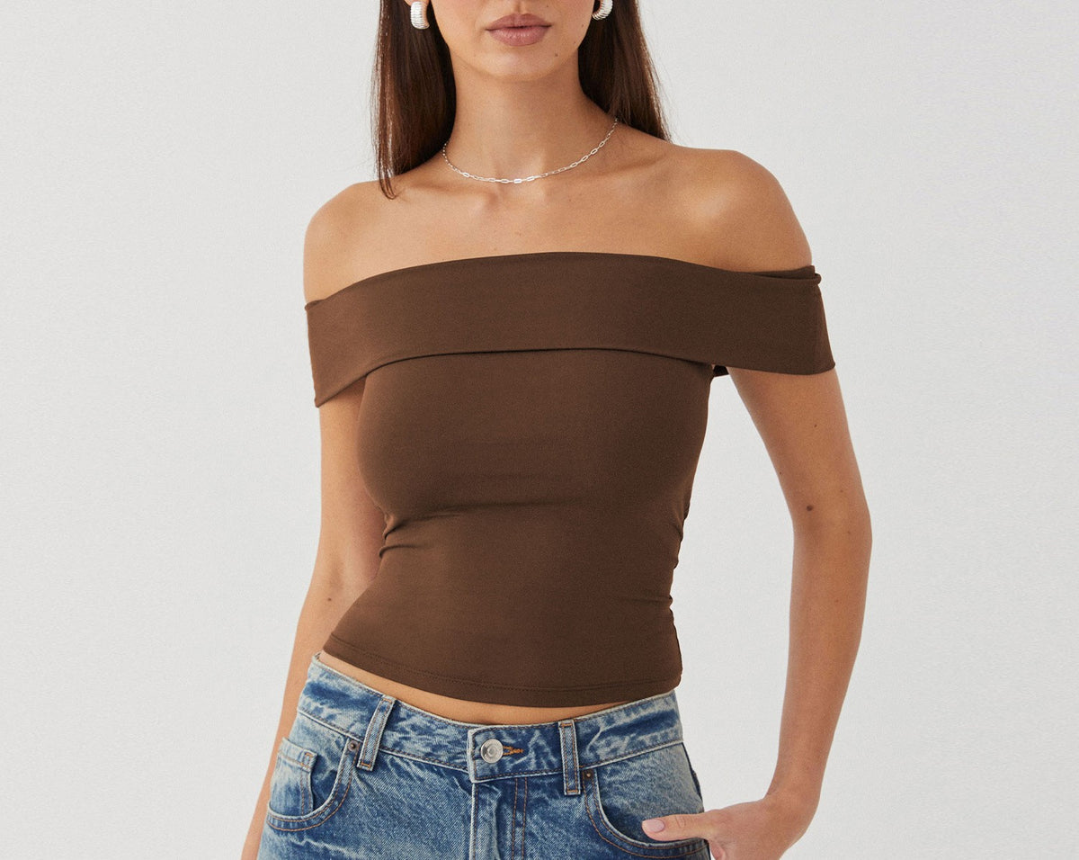 Fold Over Bardot Neckline Slim Top - Coffee