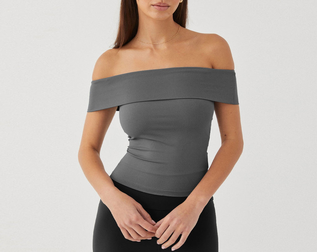 Fold Over Bardot Neckline Slim Top - Grey