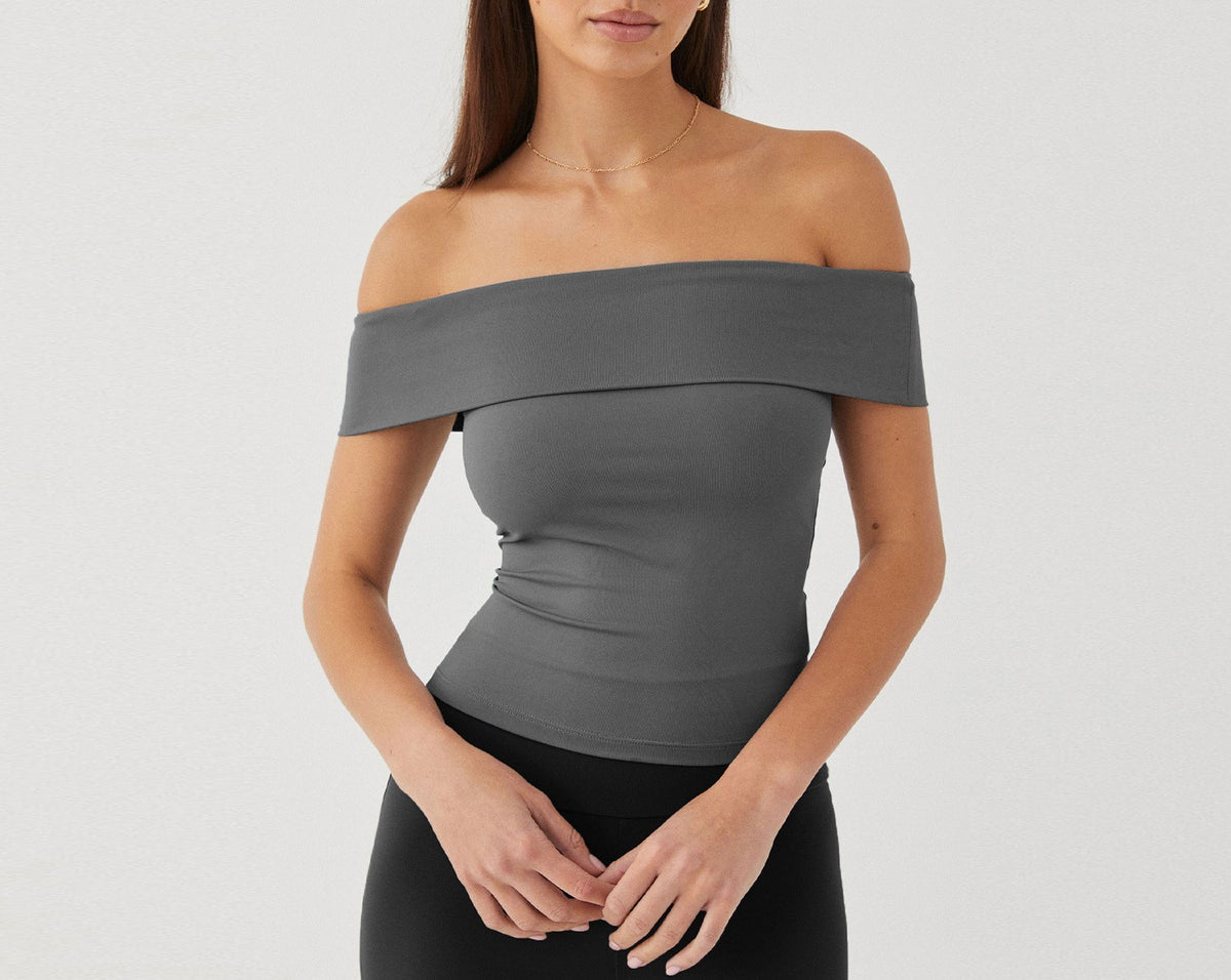 Fold Over Bardot Neckline Slim Top - Grey