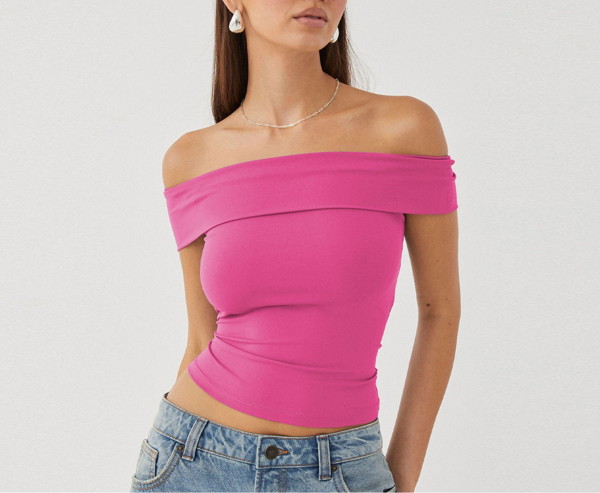 Fold Over Bardot Neckline Slim Top - Rose_Red