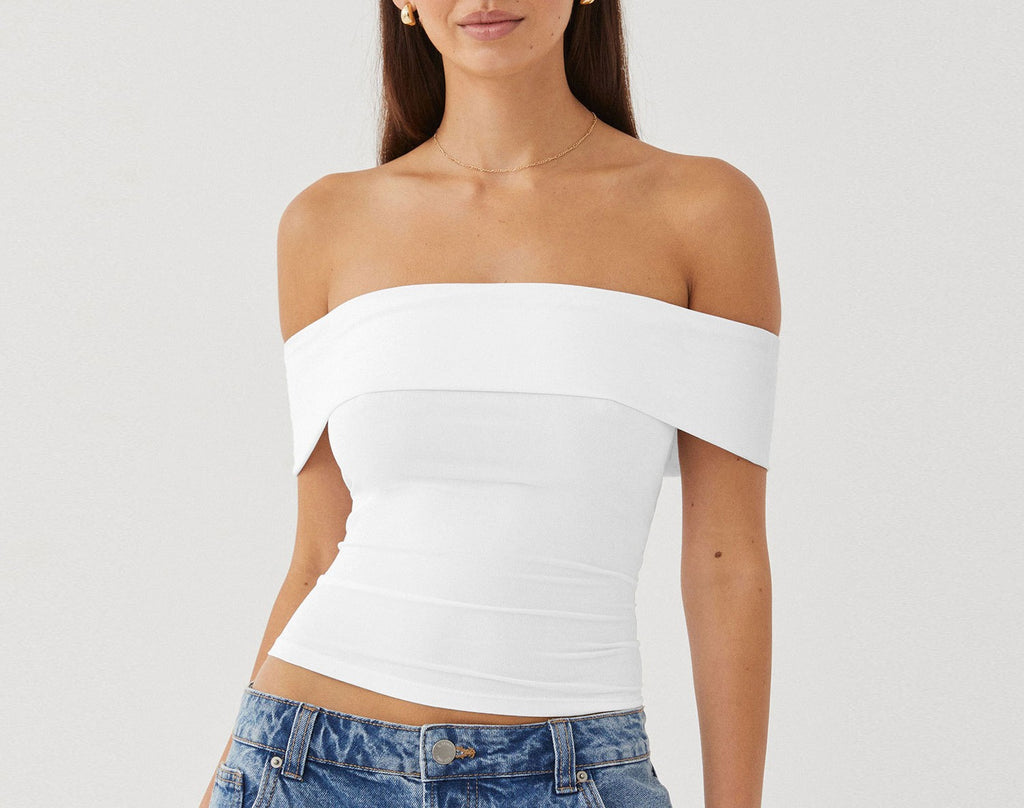Fold Over Bardot Neckline Slim Top - White