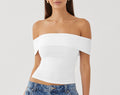Fold Over Bardot Neckline Slim Top - White