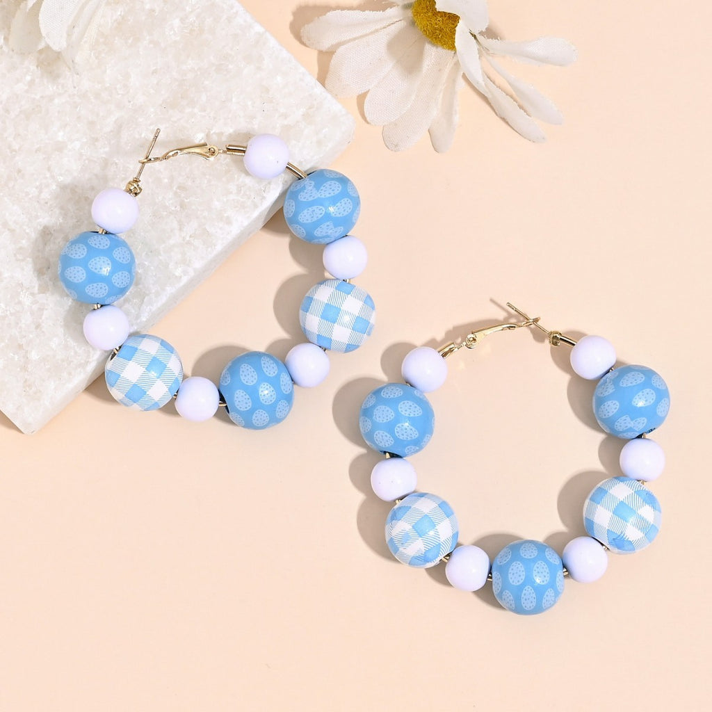 Wooden Bead Gingham Bunny Hoop Earrings - Blue