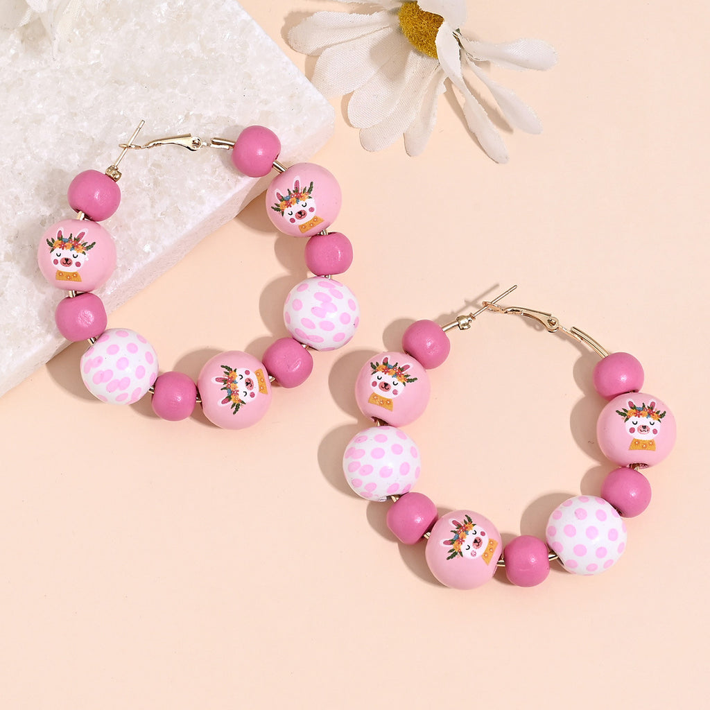 Wooden Bead Gingham Bunny Hoop Earrings - Pink