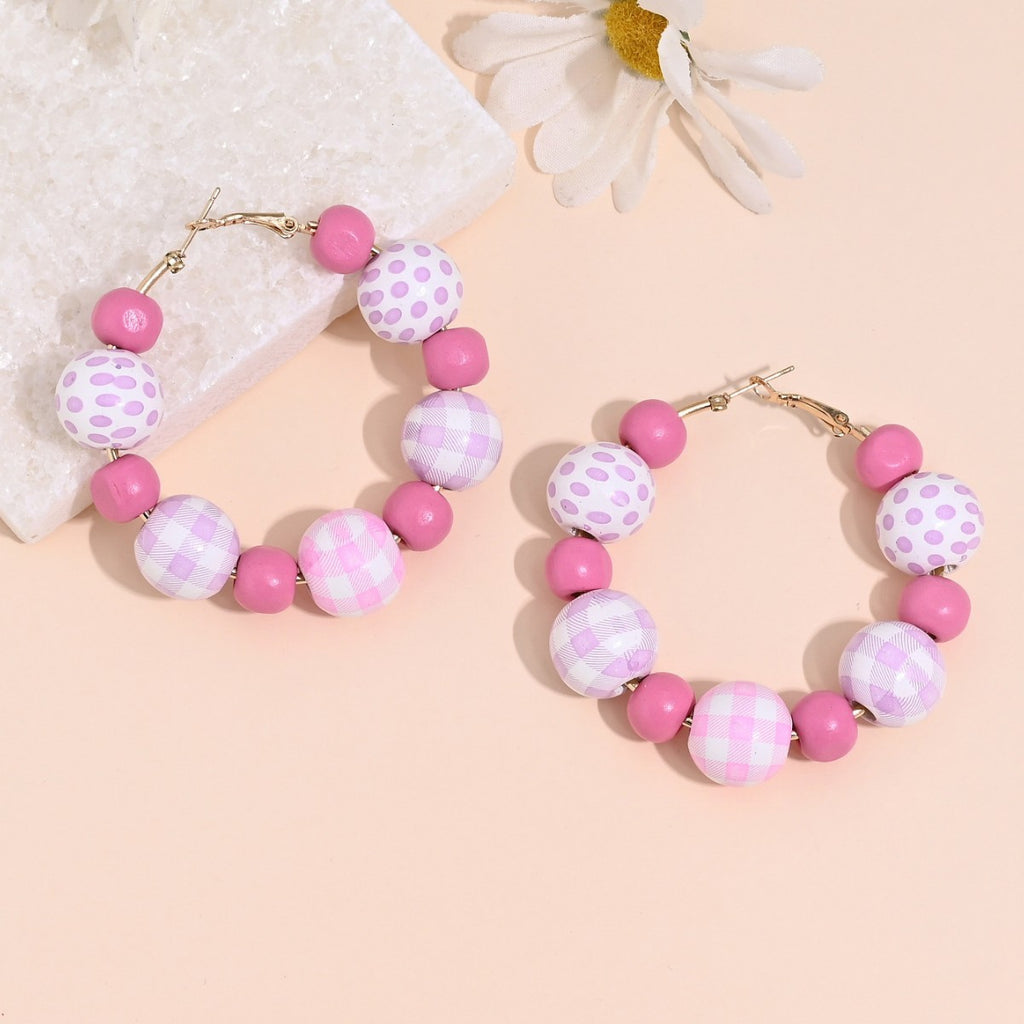Wooden Bead Gingham Bunny Hoop Earrings - Purple