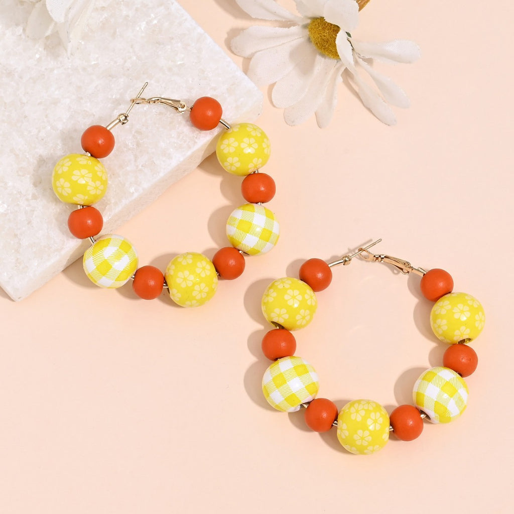Wooden Bead Gingham Bunny Hoop Earrings - Yellow