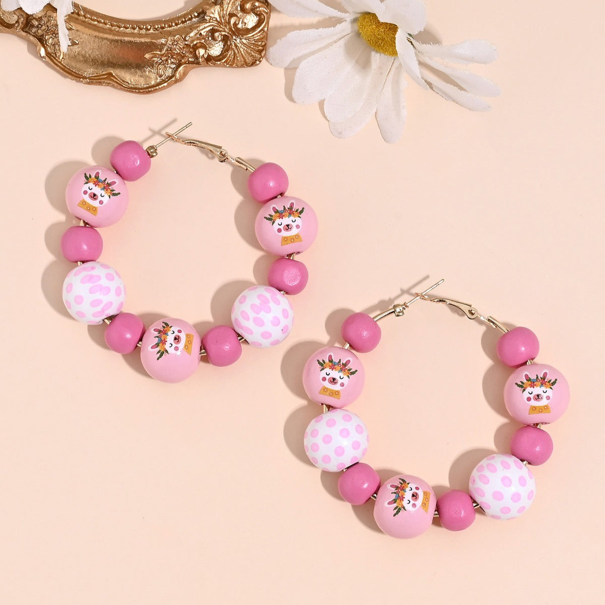 Wooden Bead Gingham Bunny Hoop Earrings