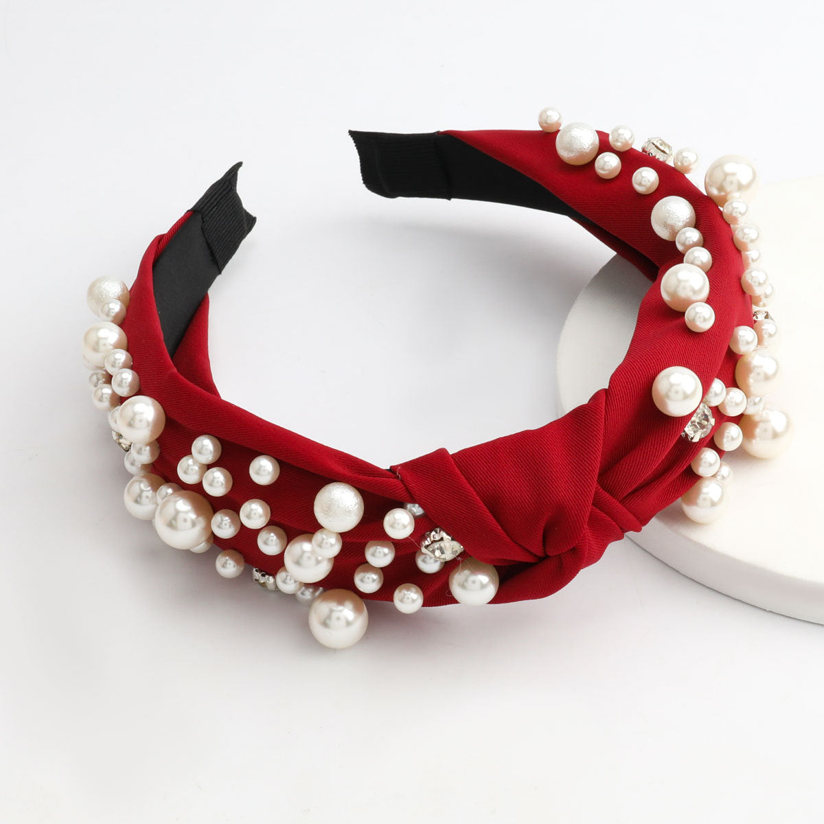 Scattered Pearl Cluster Knot Headband - WineRed