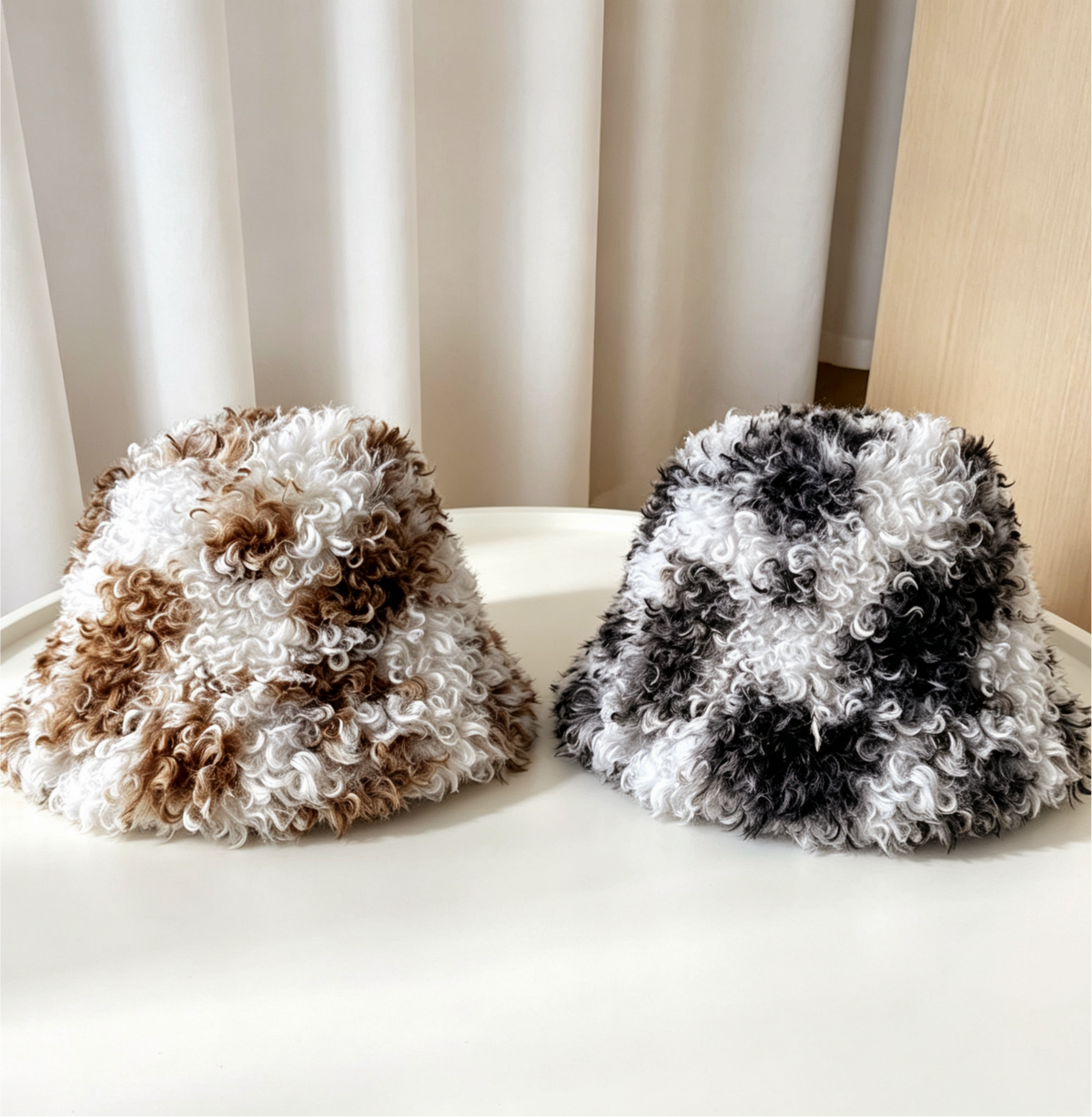 Cozy Curly Faux Fur Bucket Hat With Spot Pattern