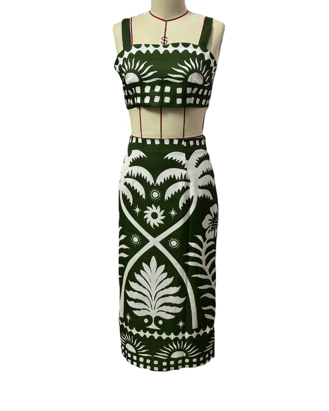 Bow Back Crop Top And Midi Skirt Set - Green