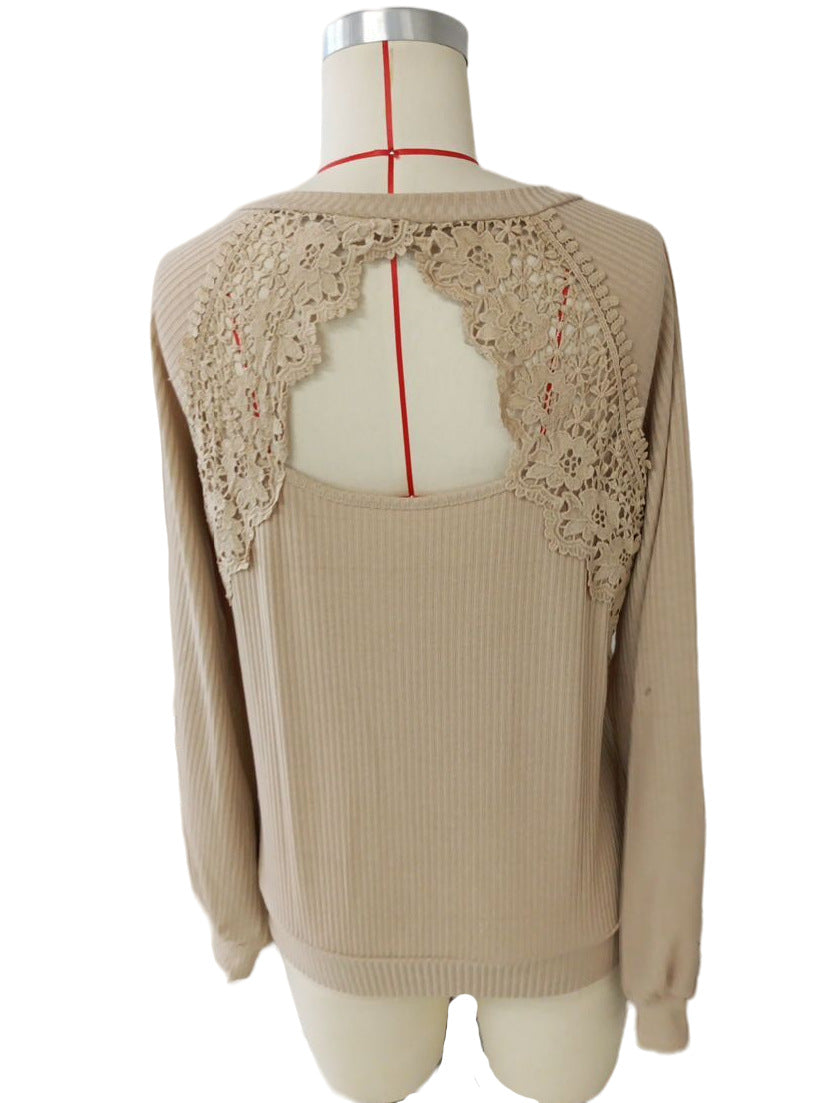 Crochet Lace Back V Neck Blouse - Khaki
