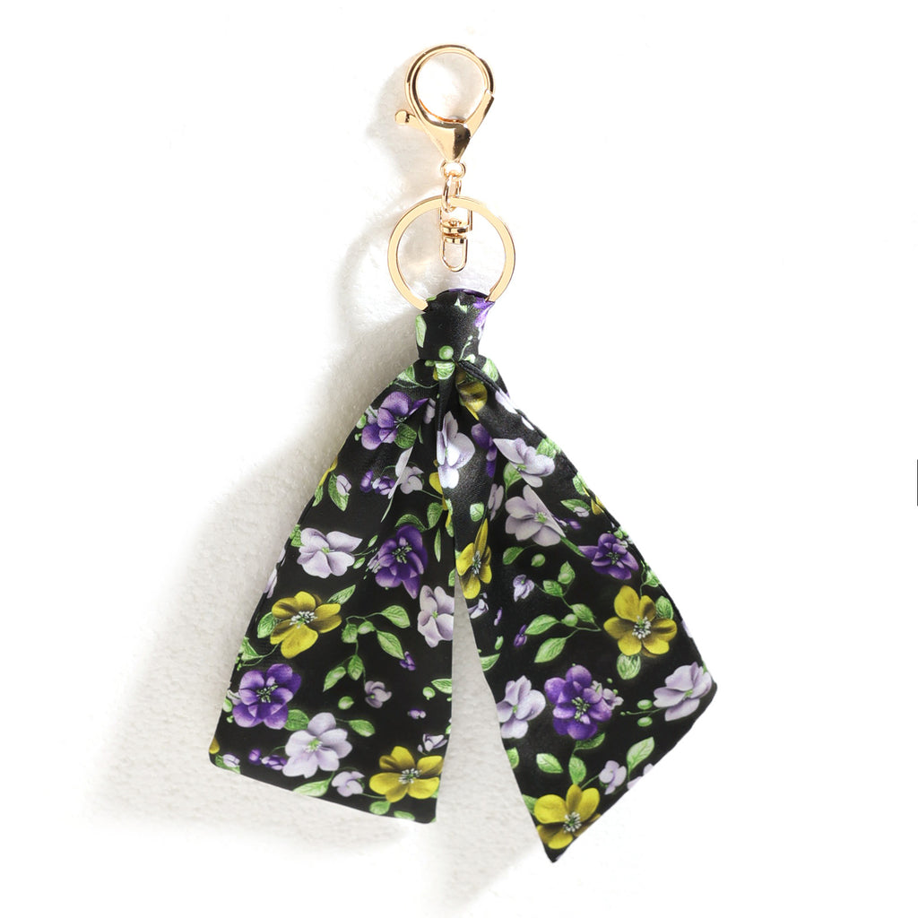 Floral Ribbon Bow Keychain Purse Charm - Black