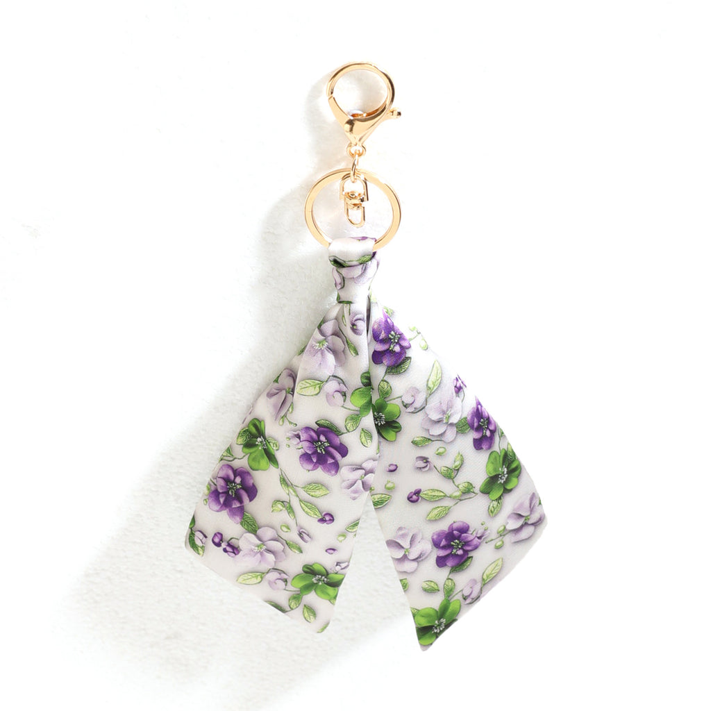 Floral Ribbon Bow Keychain Purse Charm - White