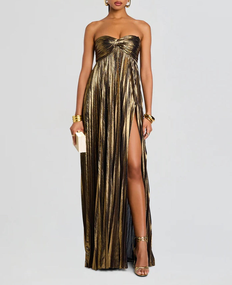 Metallic Pleated Strapless Thigh Slit Maxi Gown - Bronze