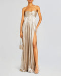 Metallic Pleated Strapless Thigh Slit Maxi Gown - Champagne