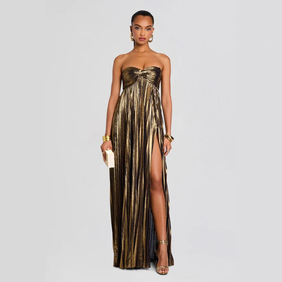 Metallic Pleated Strapless Thigh Slit Maxi Gown