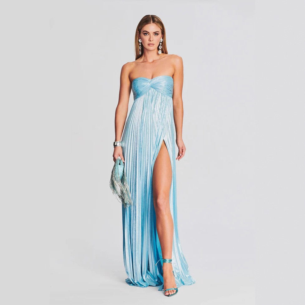 Metallic Pleated Strapless Thigh Slit Maxi Gown