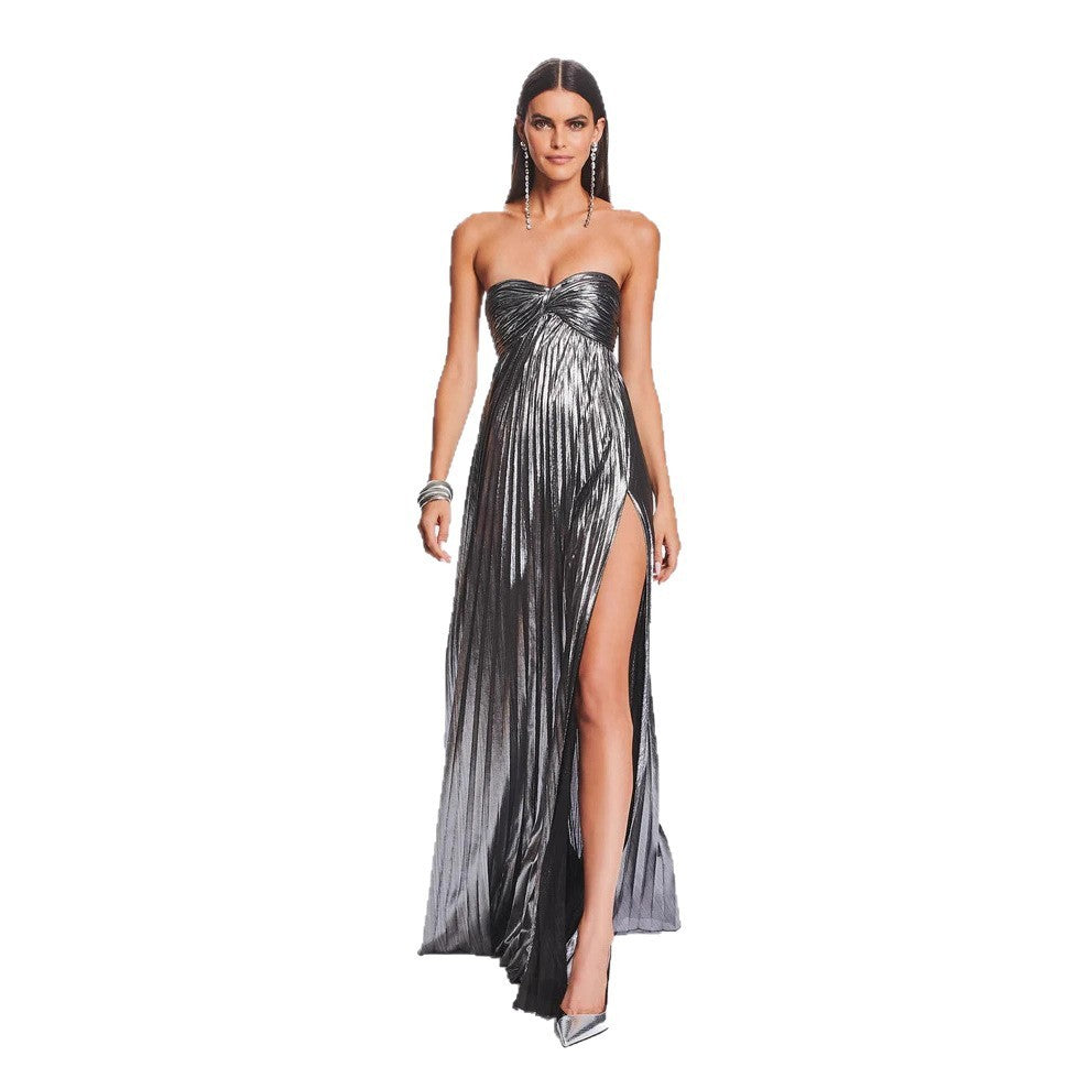Metallic Pleated Strapless Thigh Slit Maxi Gown