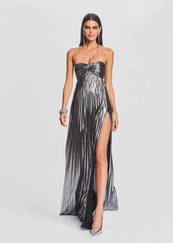 Metallic Pleated Strapless Thigh Slit Maxi Gown