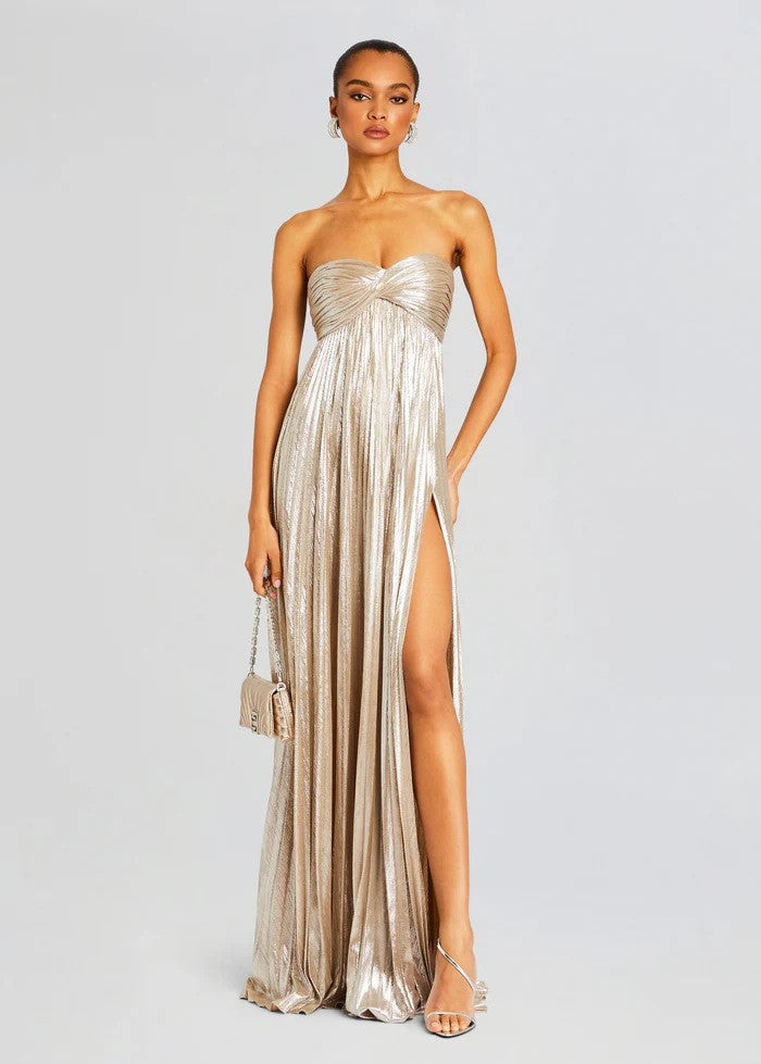 Metallic Pleated Strapless Thigh Slit Maxi Gown