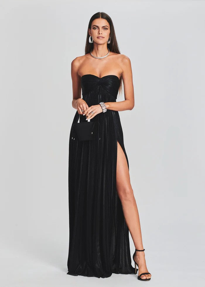 Metallic Pleated Strapless Thigh Slit Maxi Gown