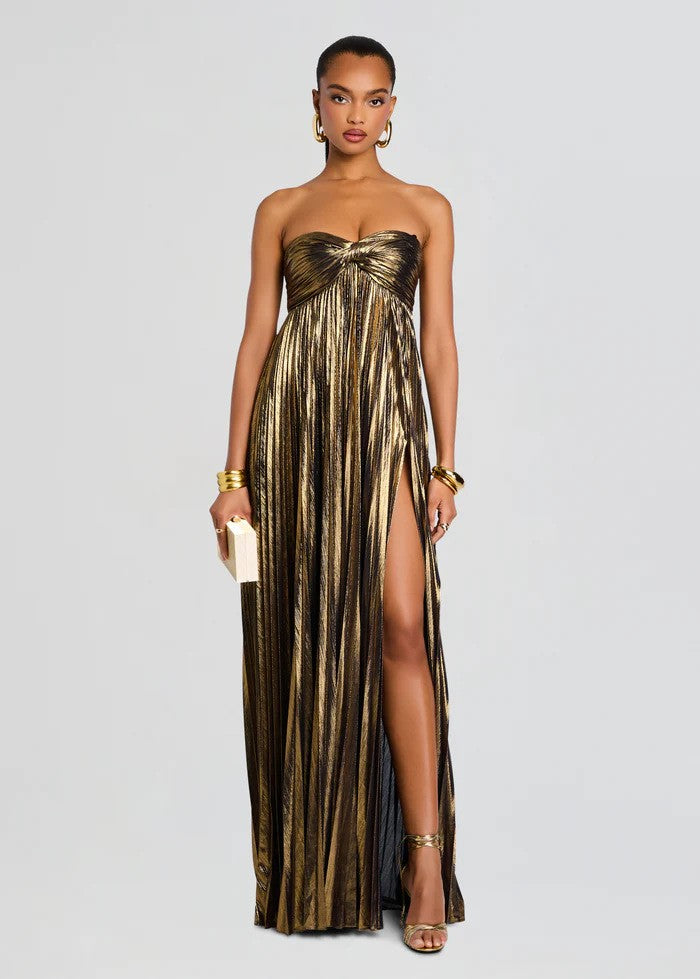 Metallic Pleated Strapless Thigh Slit Maxi Gown