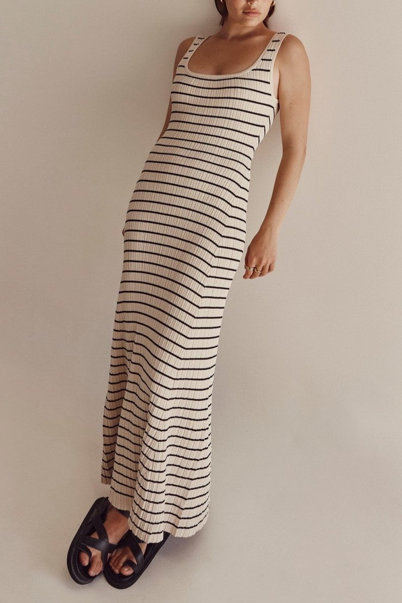 Scoop Neck Striped Knit Maxi Dress - Beige