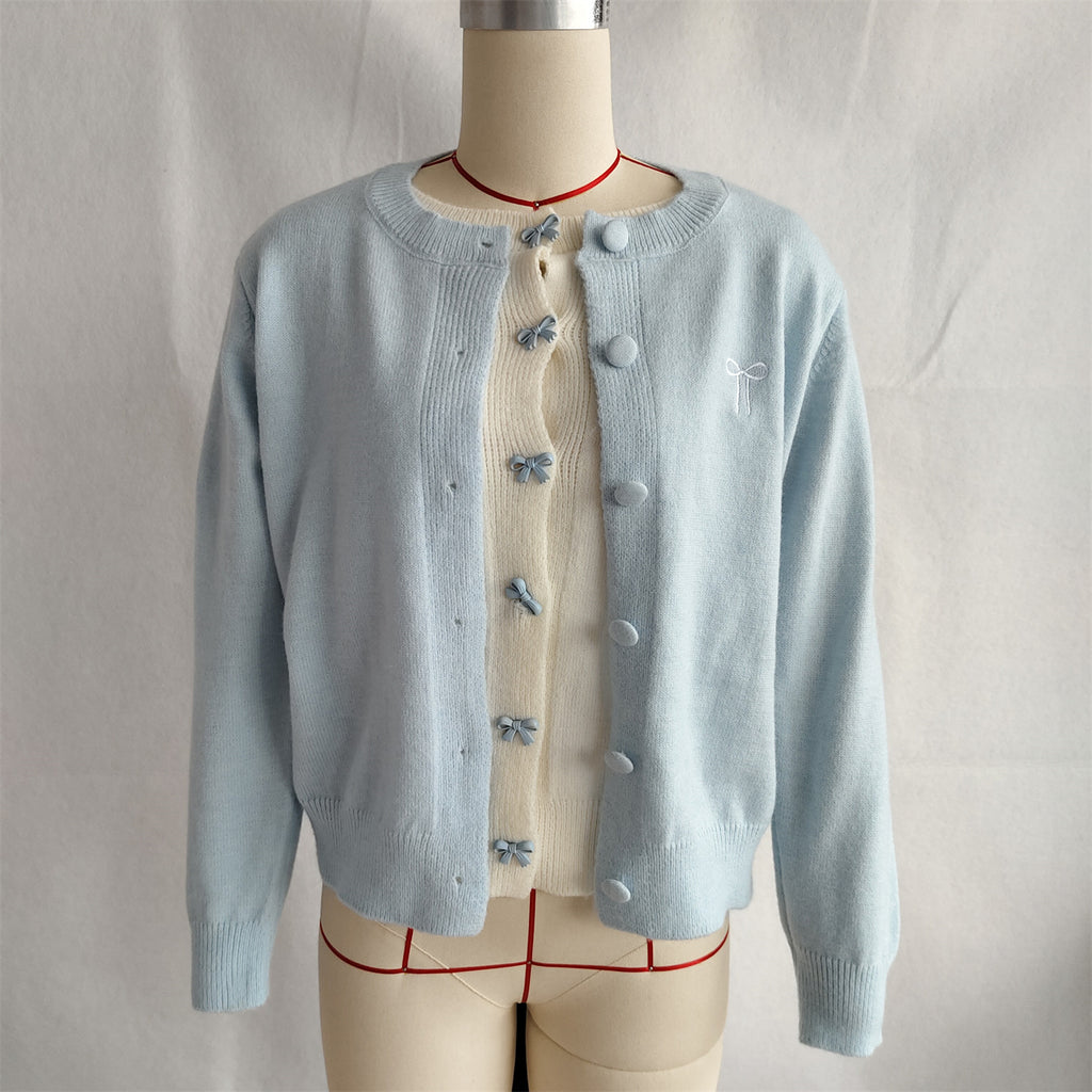 Bow Embroidered Contrast Panel Cardigan - Blue