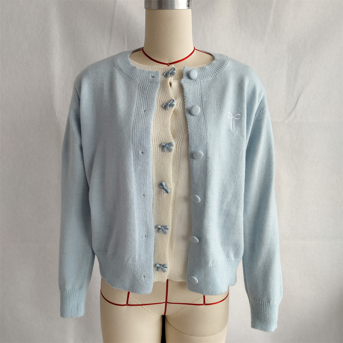 Bow Embroidered Contrast Panel Cardigan - Blue