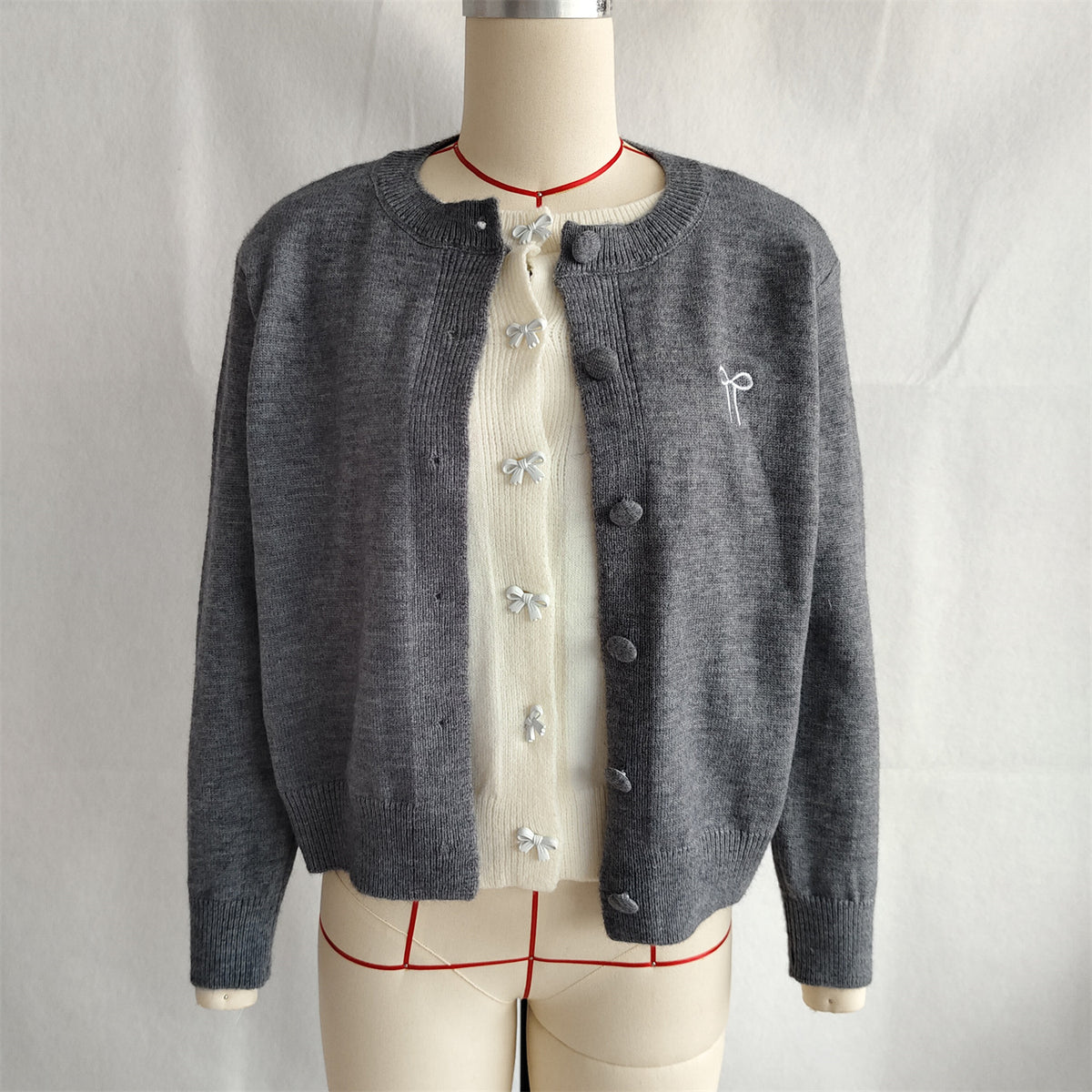 Bow Embroidered Contrast Panel Cardigan - Grey