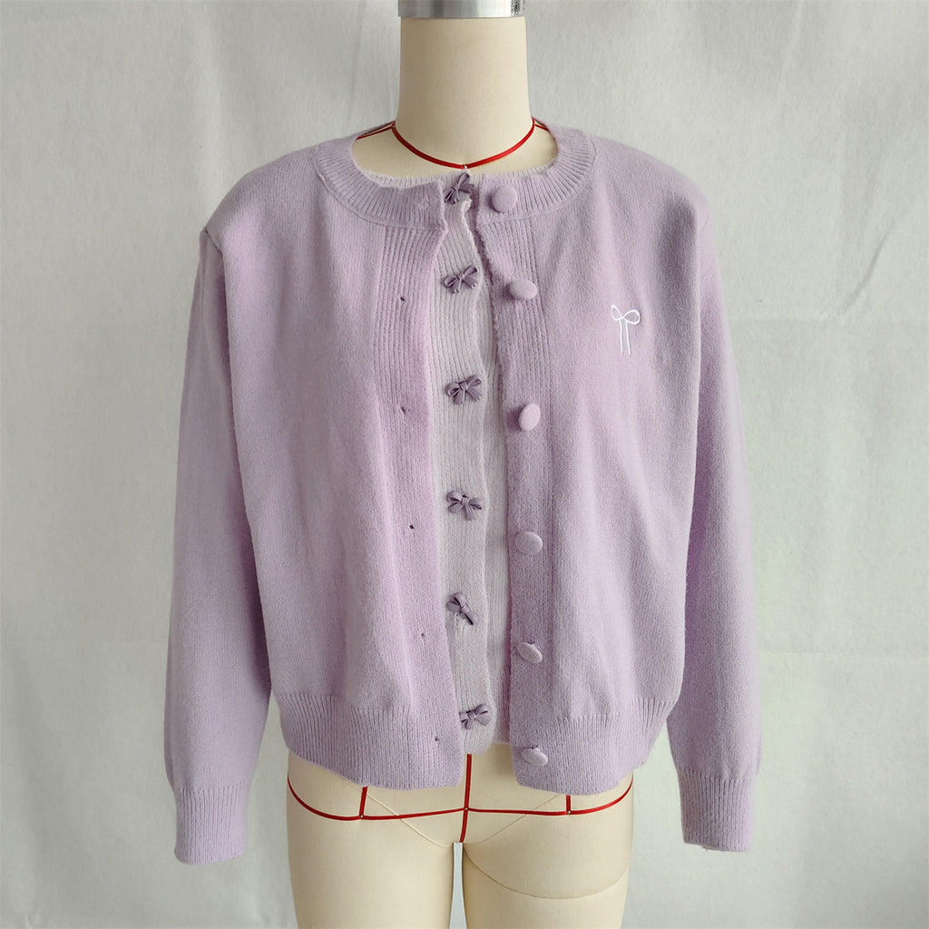 Bow Embroidered Contrast Panel Cardigan - Purple