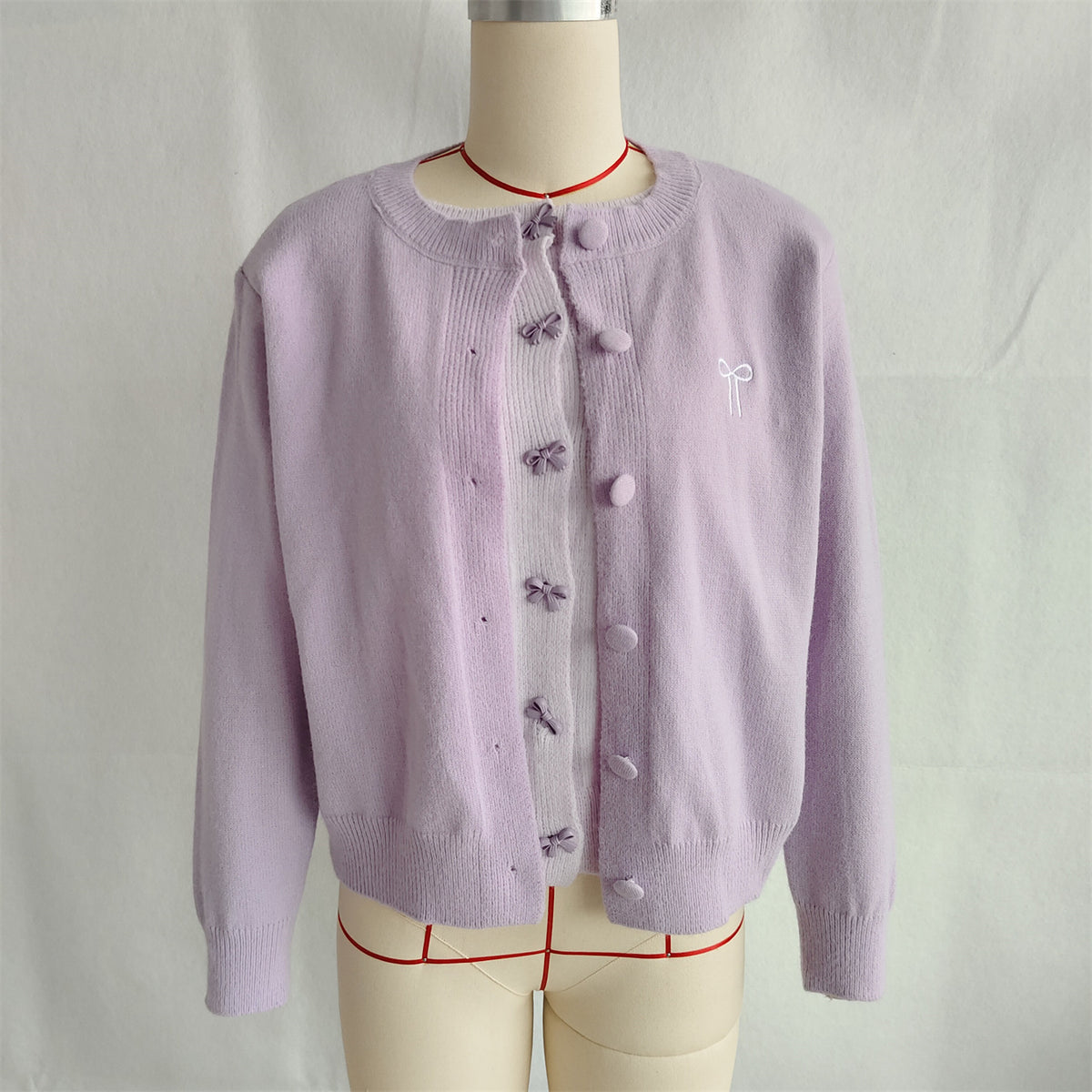 Bow Embroidered Contrast Panel Cardigan - Purple