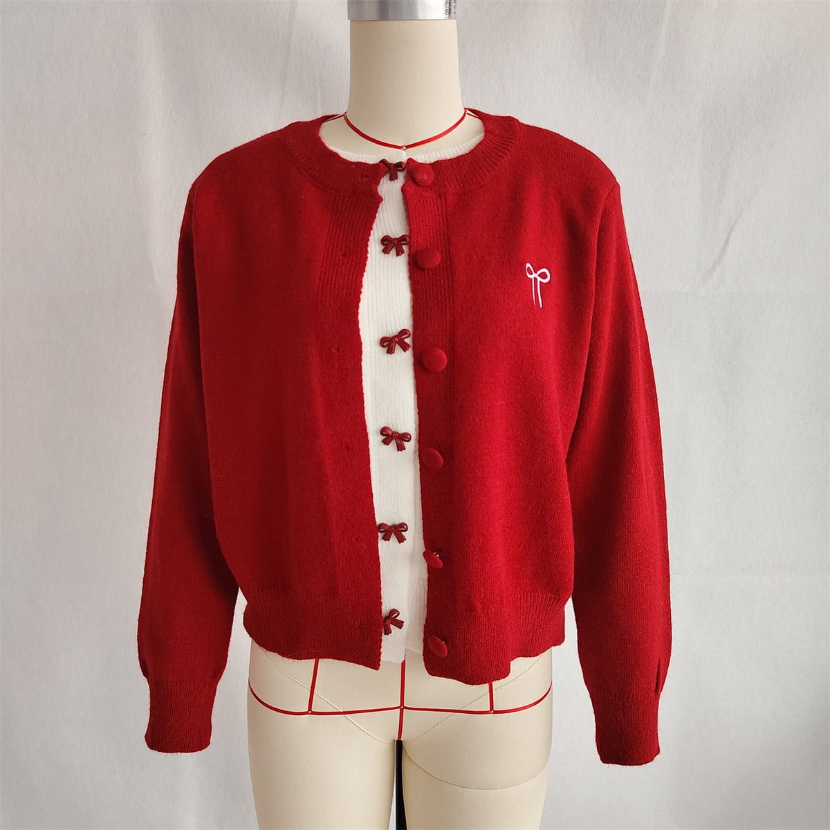 Bow Embroidered Contrast Panel Cardigan - Red