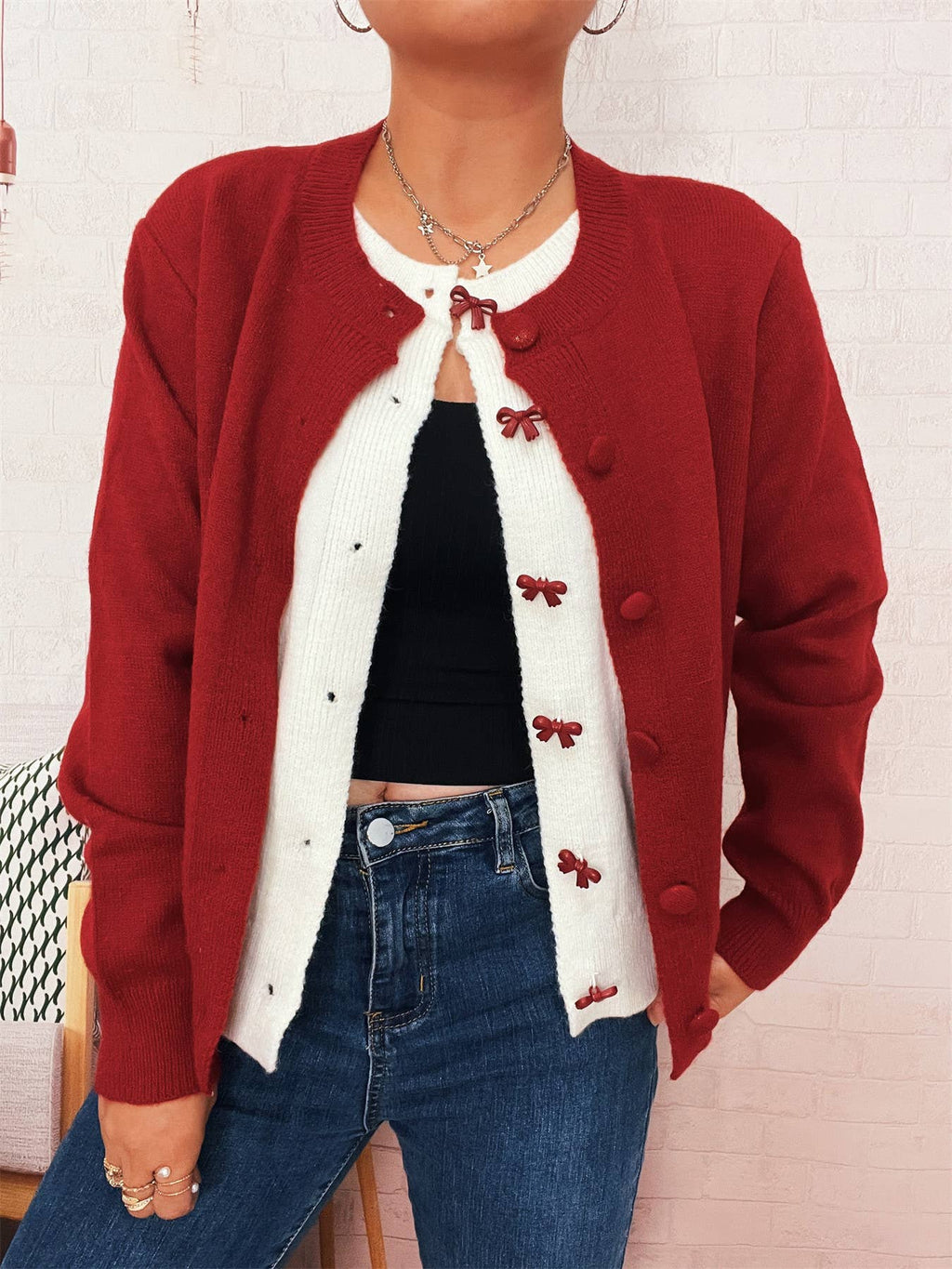 Bow Embroidered Contrast Panel Cardigan