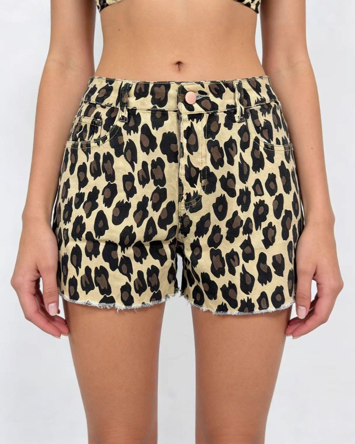 Leopard Print High Waist Raw Hem Shorts - Khaki
